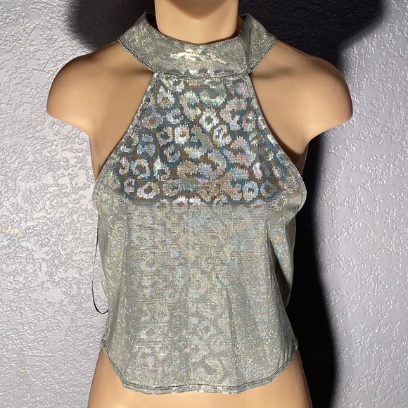 TOPSHOP - NWT - tank: metallic cheetah print lined halter neck crop w zip - 12 - Picture 2 of 16